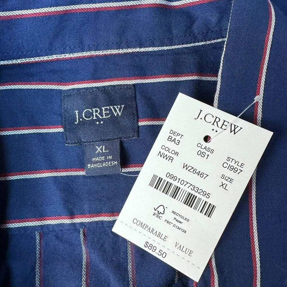 J.Crew Men's Double Striped Dobby Short‎ Sleeve Short, Size XL, Navy/White/Red